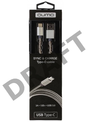 Кабель  Qumo Type-С кабель, 1м, USB 3.0, 5В, 3А, 15Вт, металлическая оплетка, металлический коннектор, серебряный