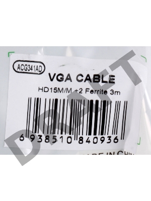 Кабель VGA 3м AOpen 2 фильтра, монитор-SVGA card 15M-15M, ACG341AD-3M