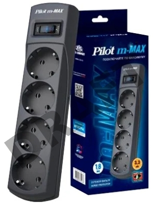 Сетевой фильтр ZIS Pilot m Max 4 розетки (евро с заземлением), 15А/3.3кВа, автомат, 10 м, черный Surge protector Pilot m Max 4 euro outlets, 15А/3.3кВа, 10m, black