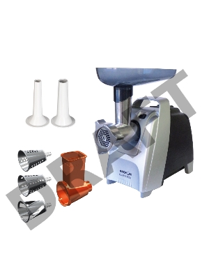 Мясорубка АКСИОН М61.03 Черно-серебристаяМакс.  мощность 2000 Вт Защита двигателя от перегрузки. Максимальная производительность – 3 кг/мин.  Приставка для набивки колбас (2шт.). Приставка кеббе. Приставка-овощерезка АМ11.03-4 (4 барабана).  Лоток. 3 реше