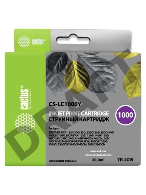 Картридж струйный Cactus CS-LC1000Y желтый для Brother DCP 130C/ 330С, MFC-240C/ 5460CN (20ml) Картридж струйный Cactus CS-LC1000Y желтый для Brother DCP 130C/ 330С, MFC-240C/ 5460CN (20ml)
