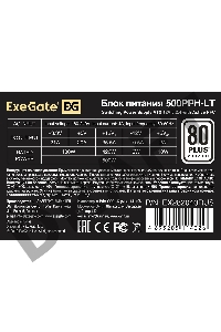 Блок питания 500W ExeGate 80 PLUS® 500PPH-LT-S-OEM (ATX, APFC, КПД 82% (80 PLUS)SC, 12cm fan, 24pin, (4+4)pin, PCIe, 5xSATA, 3xIDE, black, кабель 220V с защитой от выдергивания)