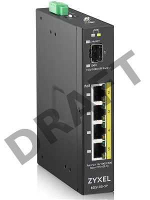 Коммутатор ZYXEL RGS100-5P, 5  Port unmanaged PoE Switch, 120 Watt PoE, DIN Rail, IP30, 12-58V DC