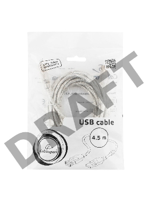 Кабель удлинитель USB2.0 Pro Cablexpert CCF-USB2-AMAF-TR-15, AM/AF, 4,5м, экран, 2феррит.кольца, прозрачный, пакет