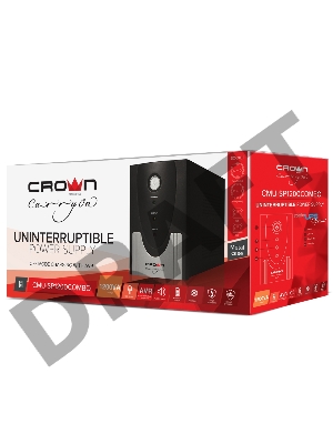 Источник бесперебойного питания CROWN 1200VA/720W, металл, 2x12V/9AH, розетки 2*IEC + 2*EURO, трансформатор AVR 145-280V, съёмный кабель 1.2м, фильтр телефонной и ethernet линии RJ11/45, защита батареи, от перегрузки, от КЗ, ПО