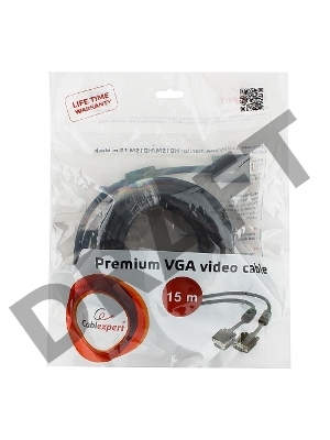 Кабель VGA Premium Cablexpert CC-PPVGA-15M-B, 15M/15M, 15м, черный, тройной экран, феррит.кольца, пакет