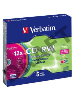 Диск CD-RW Verbatim 700Mb 12x Slim case (5шт) Color (43167)