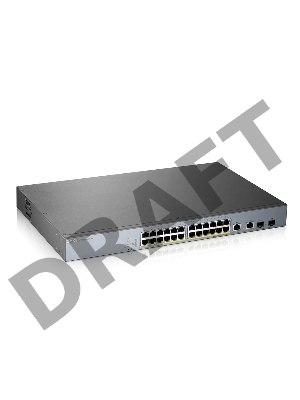 Коммутатор Zyxel GS1350-26HP, 24xGE PoE+, 2xCombo (SFP/RJ-45), бюджет PoE 375 Вт, дальность передачи питания до 250 м, автоперезагрузка PoE-портов, повышенная защита от перенапряжений и электростатических разряд