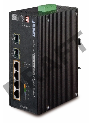 IGS-624HPT индустриальный PoE коммутатор для монтажа в DIN-рейку IP30 6-Port Gigabit Switch with 4-Port 802.3AT POE+ plus 2-port 100/1000X SFP (-40 to 75 C)