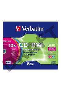 Диск CD-RW Verbatim 700Mb 12x Slim case (5шт) Color (43167)