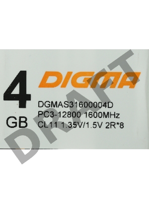 Память Digma 4Gb DDR3 1600MHz DGMAS31600004D RTL PC3-12800 CL11 SO-DIMM 204-pin 1.5В dual rank