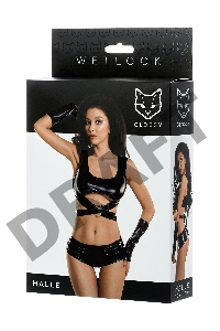 Комплект Glossy HALLE из материала Wetlook (топ, мини-шорты и перчатки), черный, XL