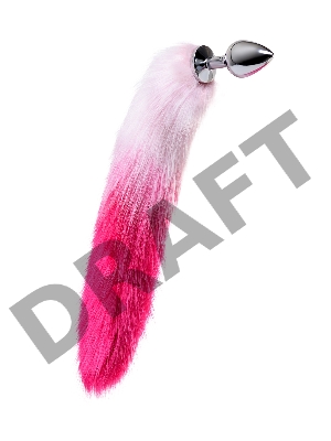 Анальная втулка Metal by TOYFA с бело-розовым хвостом, металл, серебряная, 45 см, Ø 3,3 см