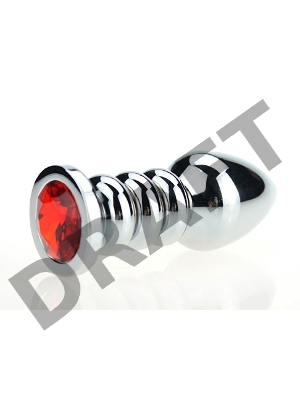 Серебристая фигурная анальная пробка с красным кристаллом - 10,3 см.