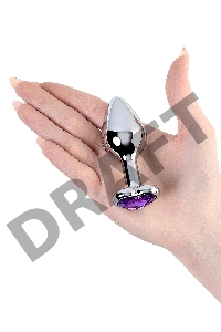 Анальная втулка Штучки-Дрючки, металл, серебряная, с фиолетовым кристаллом, 8 см, Ø 3 см, 165 г