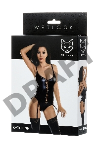 Боди Glossy KATHERIN из материала Wetlook на шнуровке, черное, XL