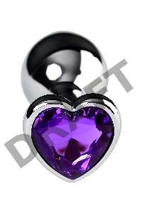 Анальная втулка Штучки-Дрючки, металл, серебряная, с фиолетовым кристаллом, 8 см, Ø 3 см, 165 г