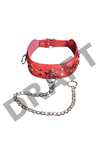 Красный кожаный ошейник с карабином и поводком