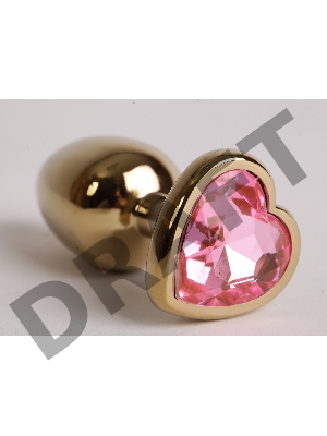Золотистая анальная пробка с розовым стразиком-сердечком - 8 см.