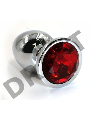 Серебристая алюминиевая анальная пробка с красным кристаллом - 6 см.