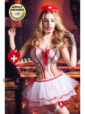 Костюм медсестры Candy Girl Lola (боди, юбка, чулки, ободок, маска, аксессуар), бело-красный, OS