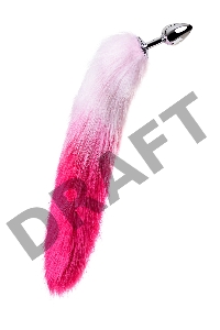 Анальная втулка Metal by TOYFA с бело-розовым хвостом, металл, серебряная, 45 см, Ø 2,7 см