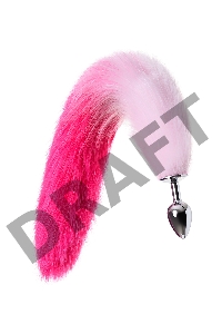 Анальная втулка Metal by TOYFA с бело-розовым хвостом, металл, серебряная, 45 см, Ø 2,7 см