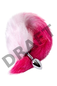 Анальная втулка Metal by TOYFA с бело-розовым хвостом, металл, серебряная, 45 см, Ø 2,7 см