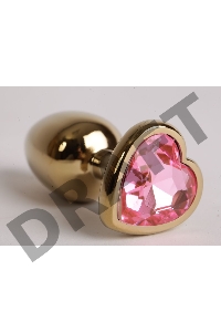 Золотистая анальная пробка с розовым стразиком-сердечком - 8 см.