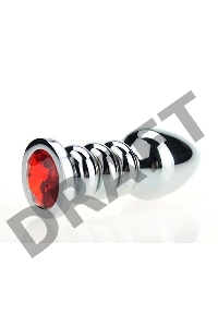 Серебристая фигурная анальная пробка с красным кристаллом - 10,3 см.