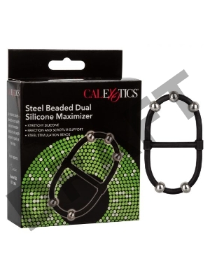 Черное эрекционное кольцо с бусинами Steel Beaded Dual Silicone Maximizer